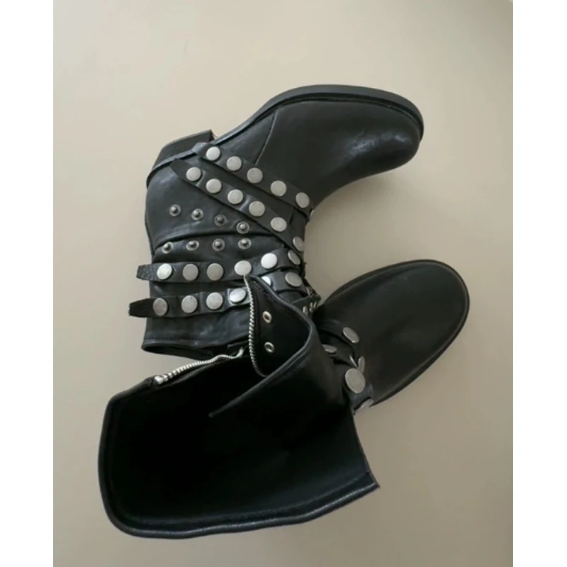 Men's Black Punk Rivet Multi Strap Ankle Boots Round Toe Biker Boots Gothic Moto Combat Short Boots Block Heel Zipper Shoes