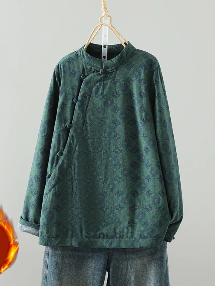 

Women's Winter Thiened Fce Lined Lin Cotton Jaet Printed Asymmetrical Lapel Button up Casual Artistic Sle Coat