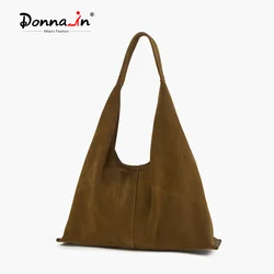 Donna-in Genuine Suede Hobo Shoulder Bag Natural Cow Leather Large Crescent Casual Tote Bags Fashion Commute