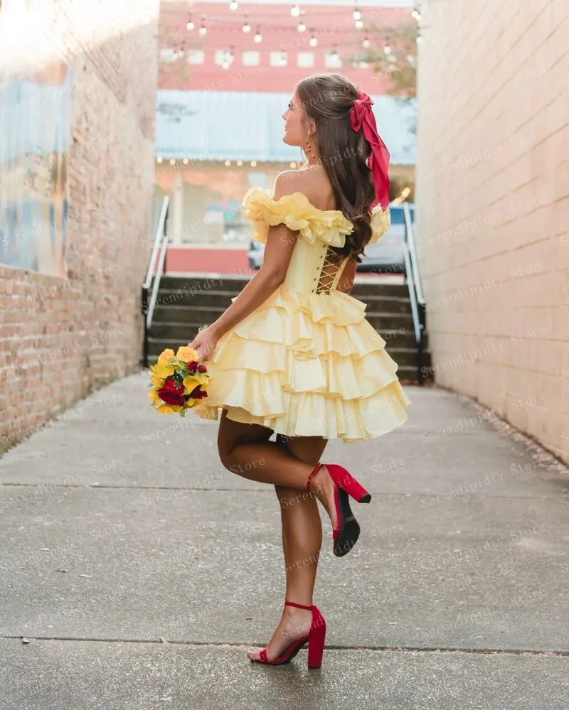 SERENDIPIDTY-vestido de satén en capas con volantes, hombros descubiertos, amarillo, longitud Mini, ropa de mujer, flores con cordones en la espalda, vestido de fiesta de noche