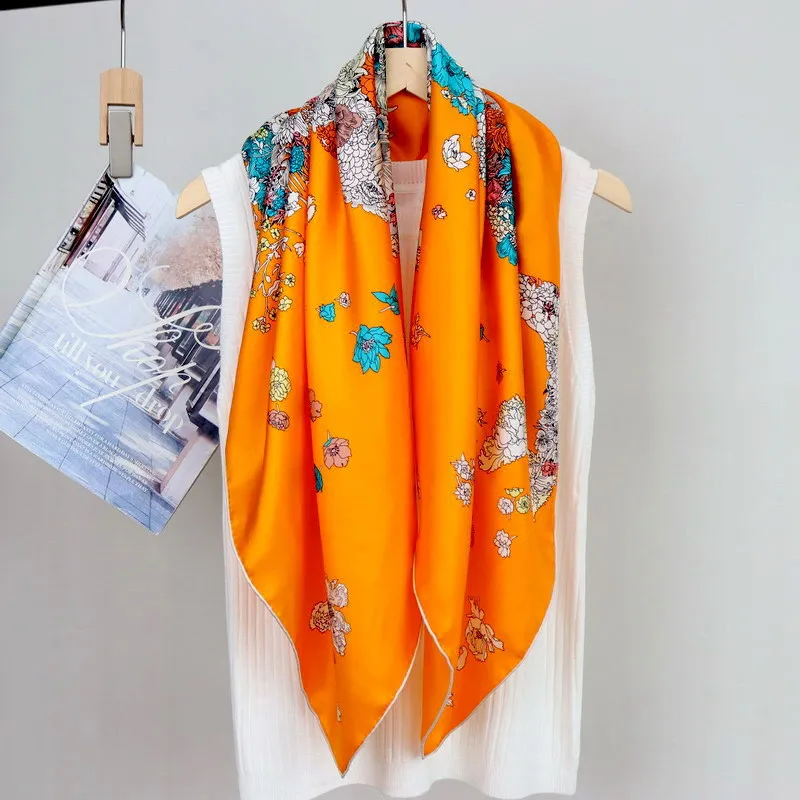 Orange Horse Print Mulberry Silk Scarf 90 Twill Scarfs Bandanas Manual Designer Neck Shawls Handkerchief Decoration Kerchief