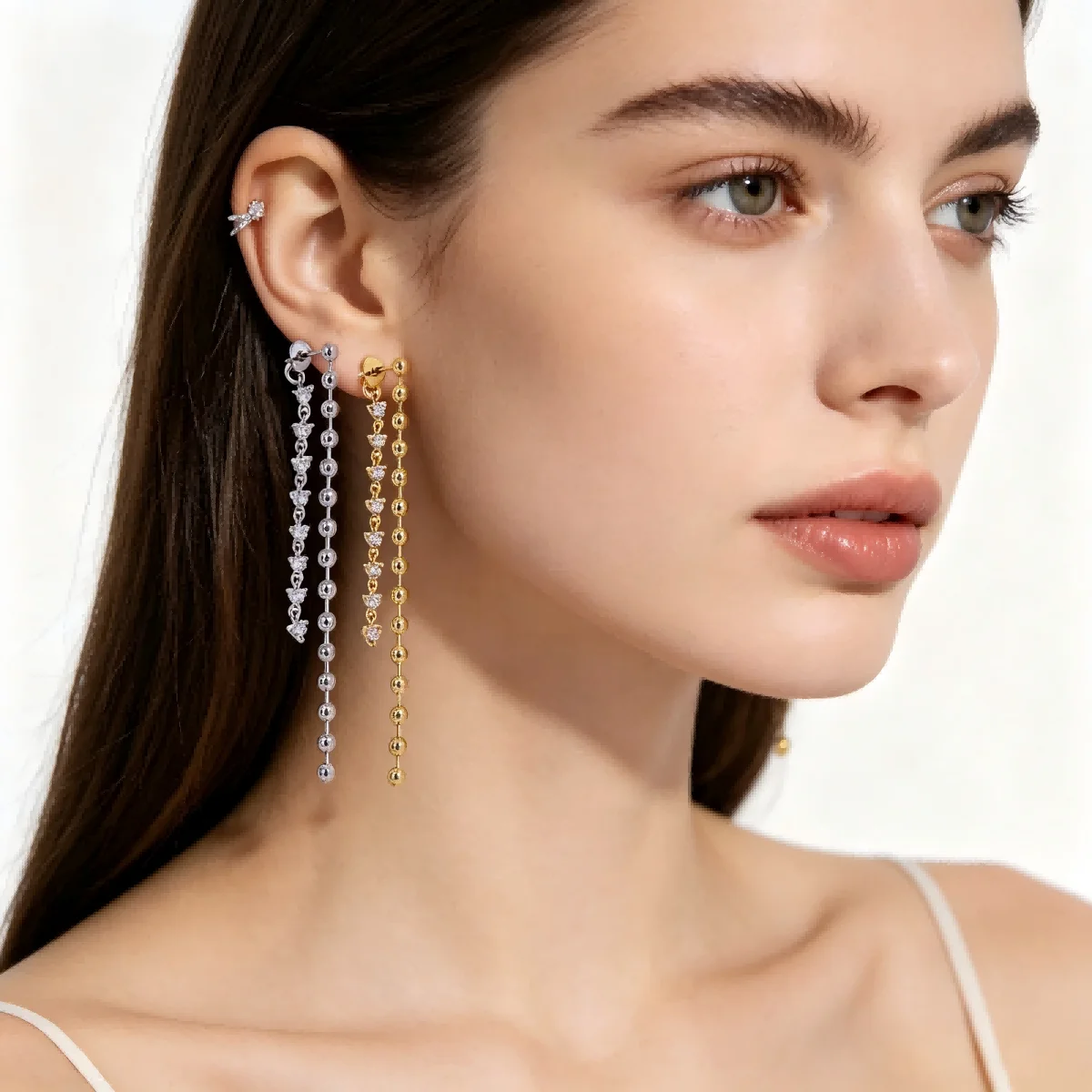

Double Strand Long Tassel Ball Chain Drop Earrings for Women Cubic Zircon Gold Silver Color Fashion Jewelry Elegant Gift Wedding