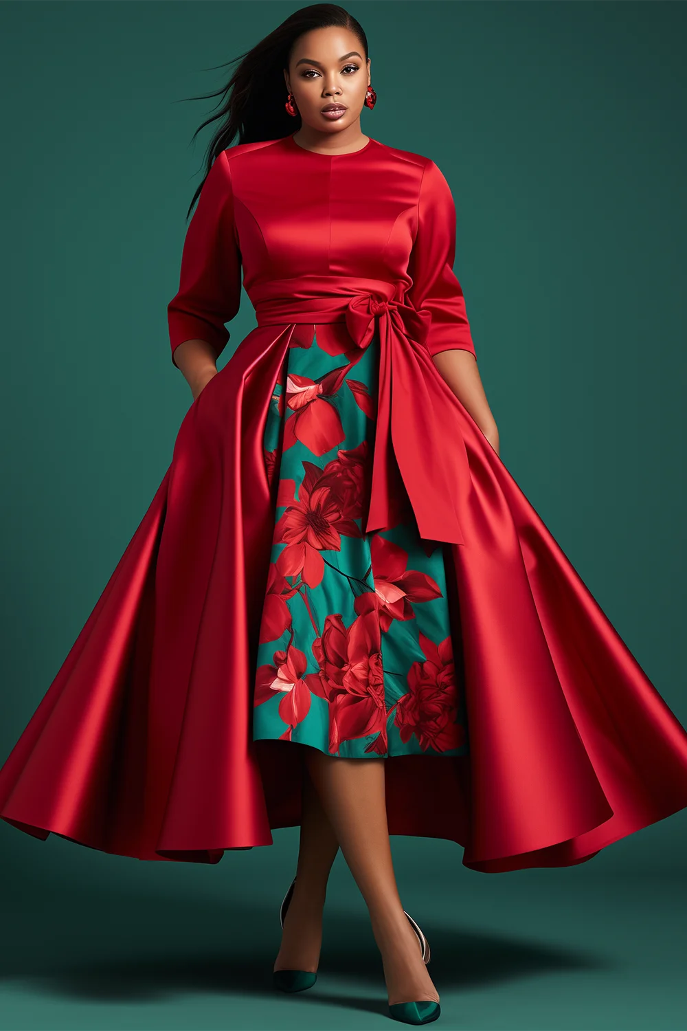 

Plus Size Formal Red Floral Round Neck 3/4 Sleeve Peplum Satin Midi Dresses