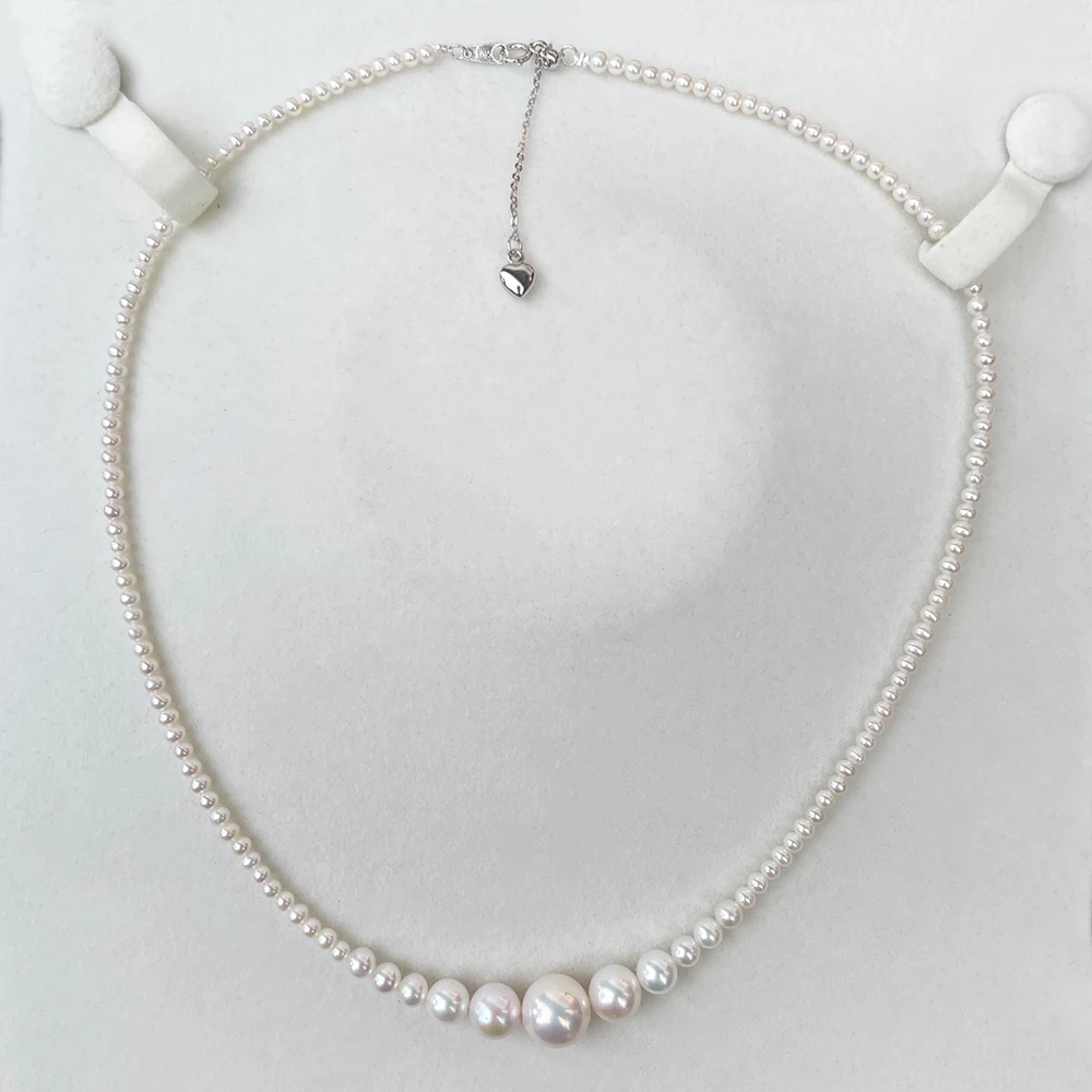 2-10mm Aurora Freshwater Akoya Pearl Gradient Tower Chain Classic Natural White Pearl Necklace Jewelry for Women Birthday Gift