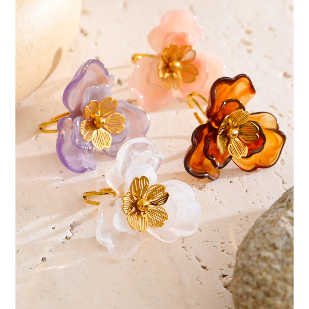 Yhpup Hot Style Stainless Steel Resin Flower Adjustable Finger Ring Rust Proof Exquisite Purple White Amber Pink Color Jewelry