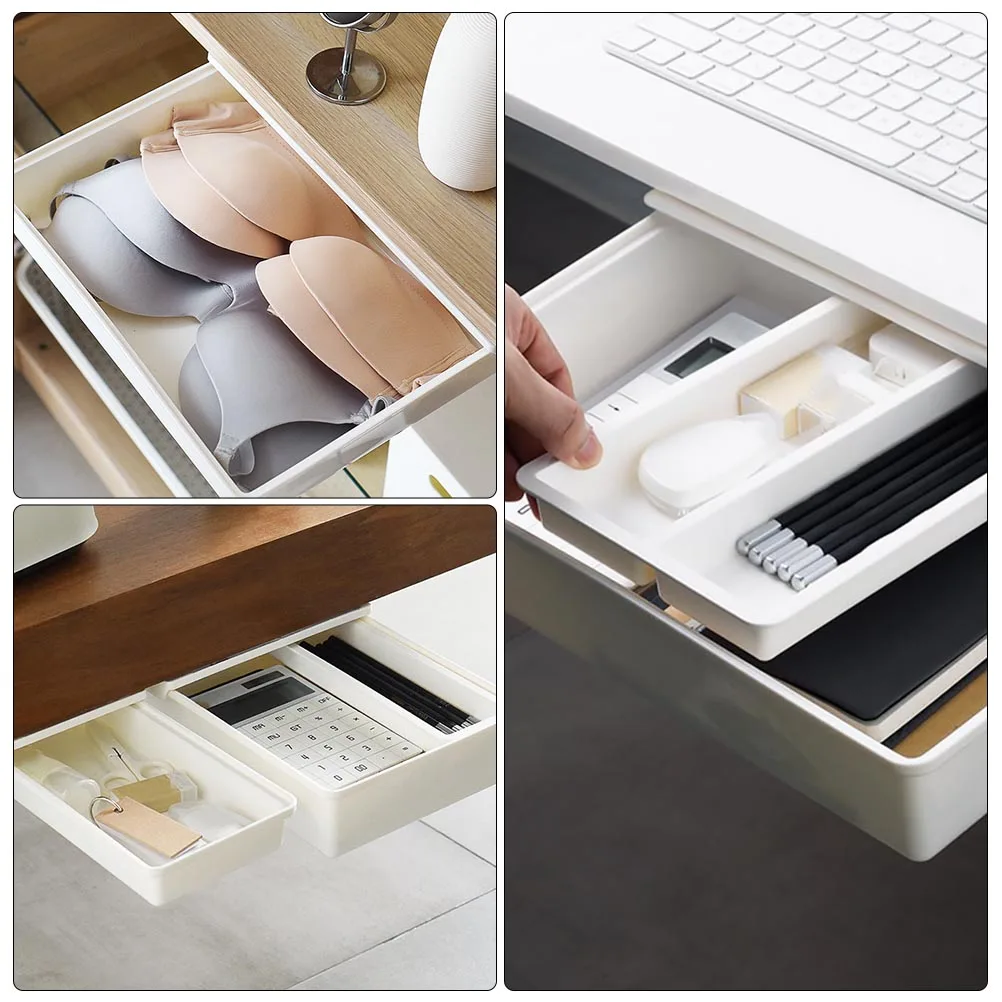 

2pcs White Under Table Drawer Paste Pen Box Stationery Organizer for Office Study Kitchen ABS PP Material Large Capacity
