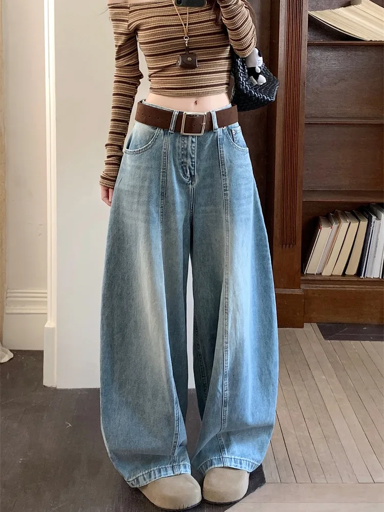 

Брюки с низкой талией и широкими штанинами в американском стиле, с эффектом потертости, для уличной моды, весна-лето, повседневные, свободного кроя, синие, из смесового хлопка