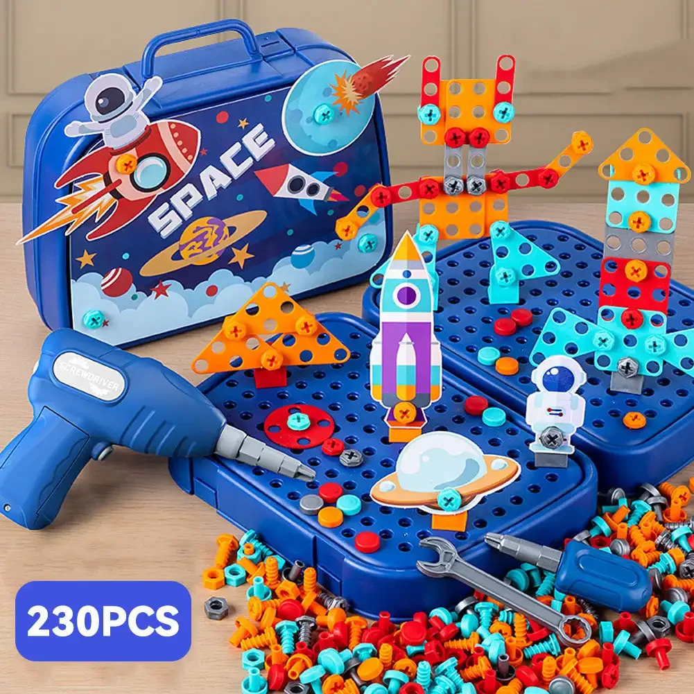 230 pçs 3d puzzle brinquedo fingir jogar kits de ferramentas 2d/3d brinquedo educativo crianças diy ferramenta brinquedos conjunto broca elétrica porcas parafuso