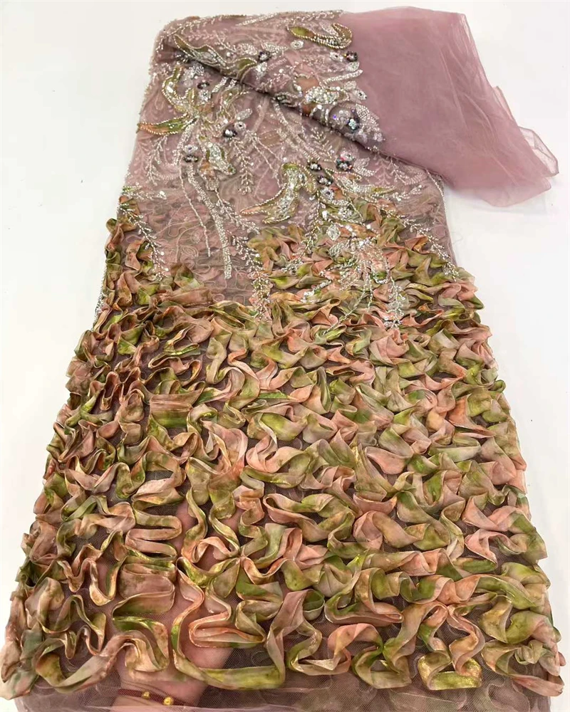 Tessuto africano con perline di fiori 3D, ricamo di paillettes, tulle francese, tessuto di pizzo a rete per matrimonio, moda di lusso