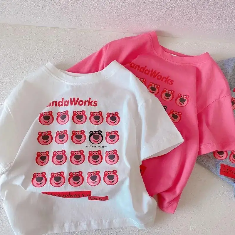 

Milk Fufu Laid-back Cartoon Strawberry Bear Spring and Autumn Stylish Sweet School Style Short-sleeved T-shirt