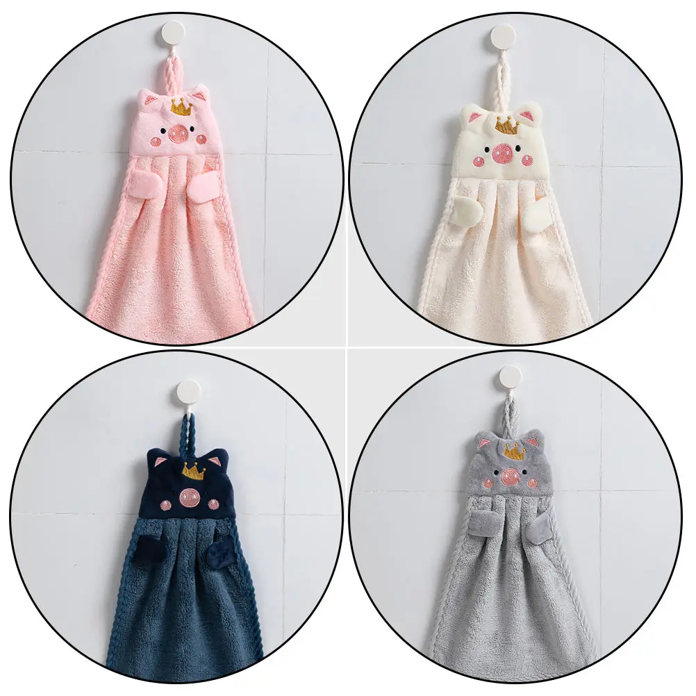 

4Pcs Absorbent Hand Towels Pig Embroidery Water Absorption Hanging Rope Kitchen Bathroom Wipe Handkerchiefs Household Towels