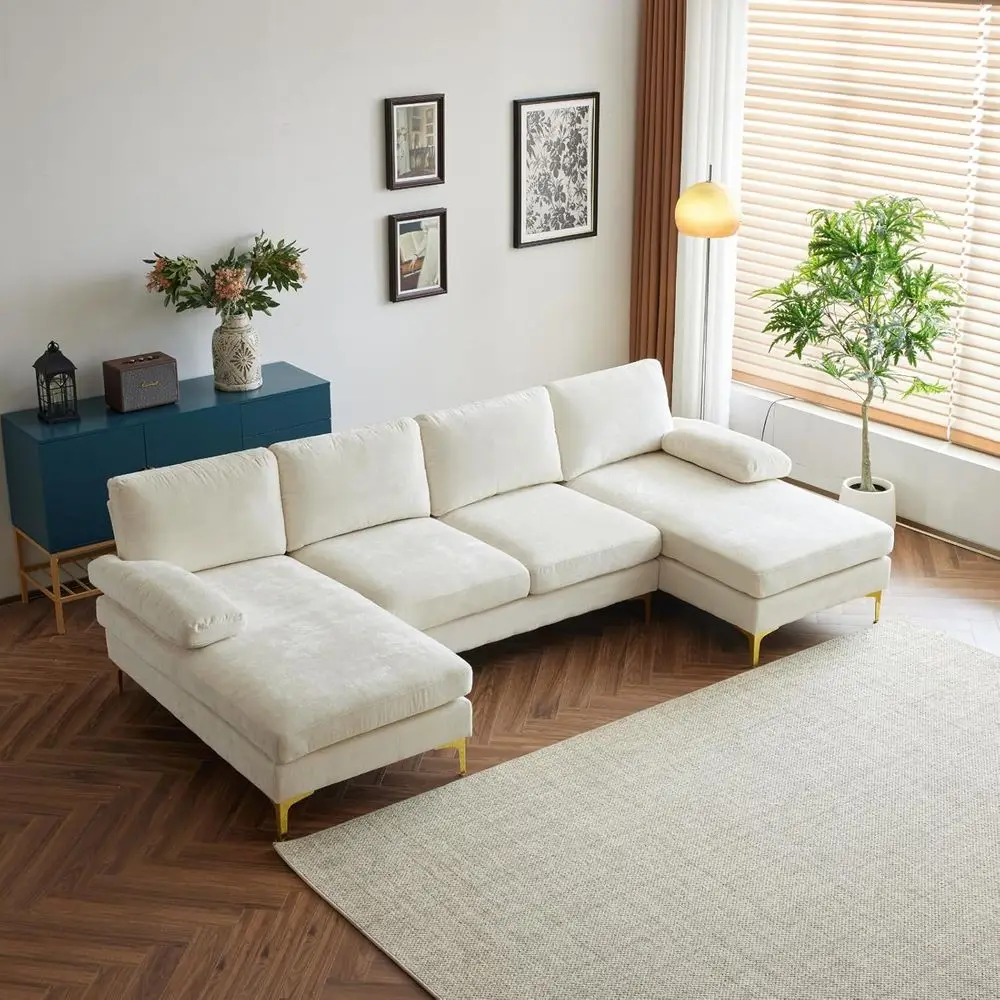 

U-Shaped Sectional Sofa 110 with Chaise, 4-Seat Chenille Upholstery in Creamy White for Living Room