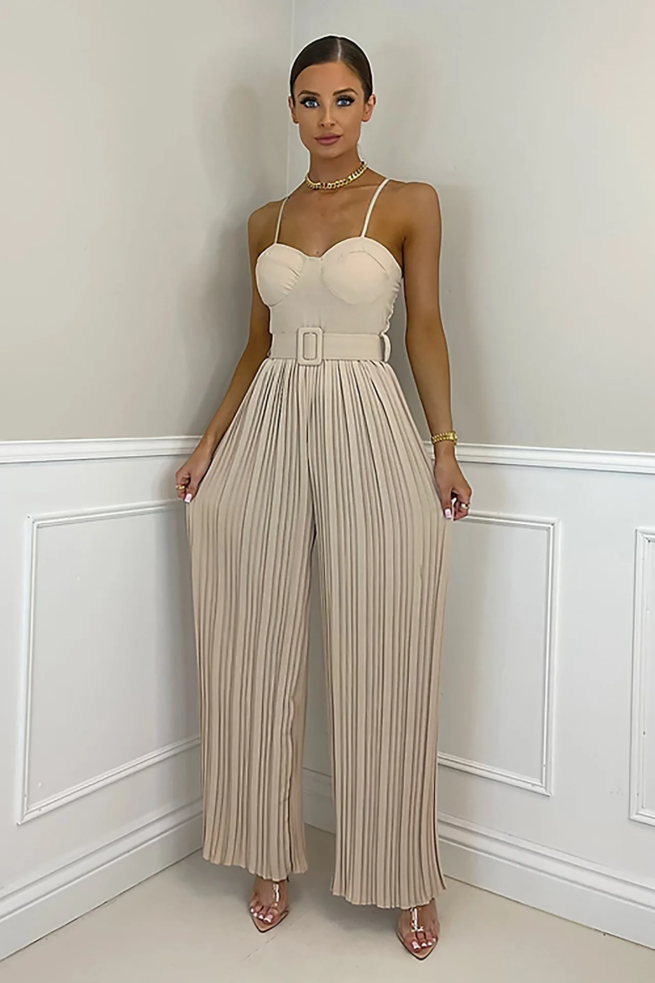 2023 Summer Casual Suspenders Long Jumpsuit Women Sexy Fashion Solid Sleeveless Sashes Pleated Wide Leg Jumpsuit Orange Female