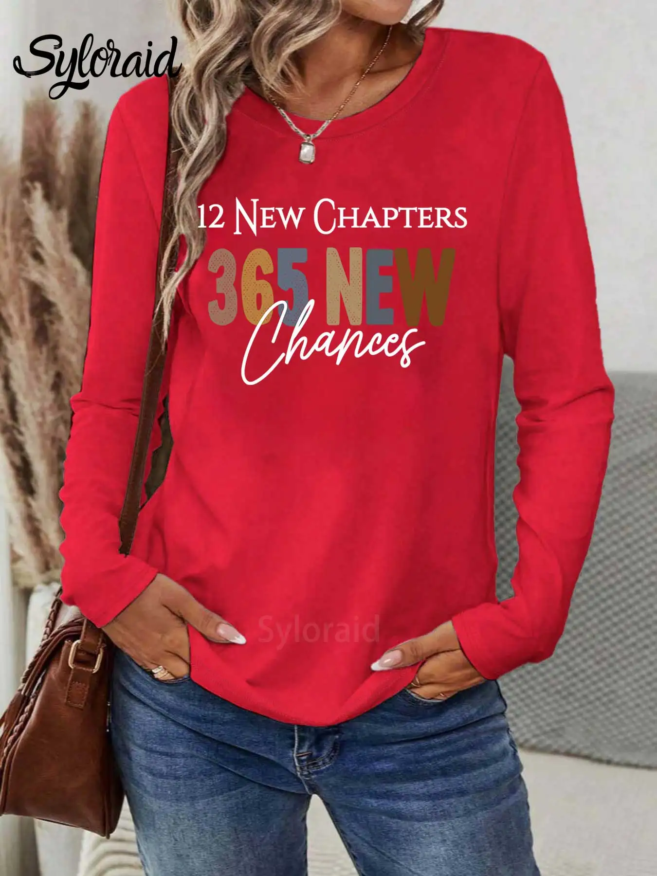 Langarm-T-Shirt für Damen „12 New Chapters“ Frohes Neues Jahr, bedrucktes T-Shirt, modisches Rundhals-Freizeitoberteil