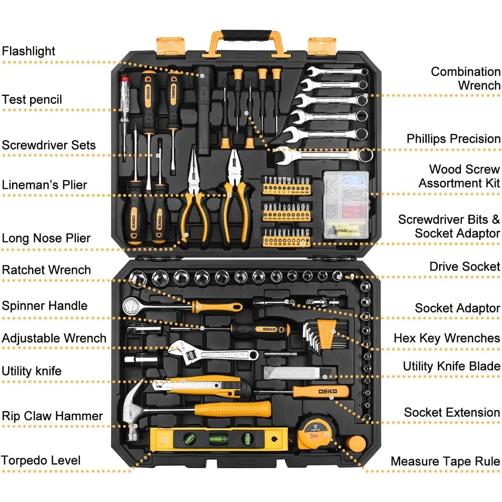 XMSJ DEKOPRO 208 Piece Tool Set,General Household Hand Tool Kit, Auto Repair Tool Box with Plastic Toolbox Storage Case