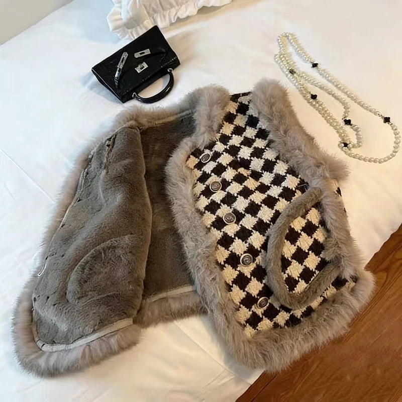 

Винтажный лоскутный жилет с узором «гусиные лапки», женский весенний свободный жилет без рукавов из искусственного меха Y2K, двубортная верхняя одежда в стиле Харадзюку