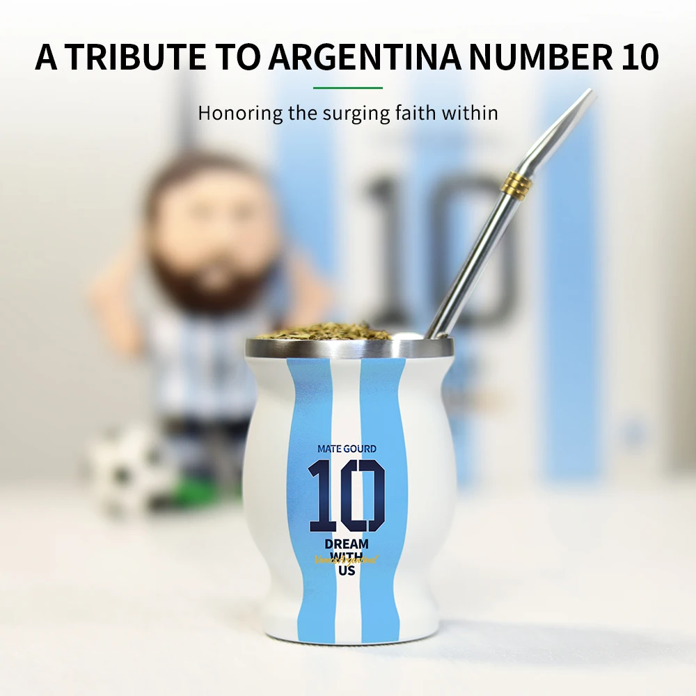 Yerba Mate Cup with Straw, Tea Gourd Coffee Mug, Cleaning Brush, Argentina Football Captain No.10 Style