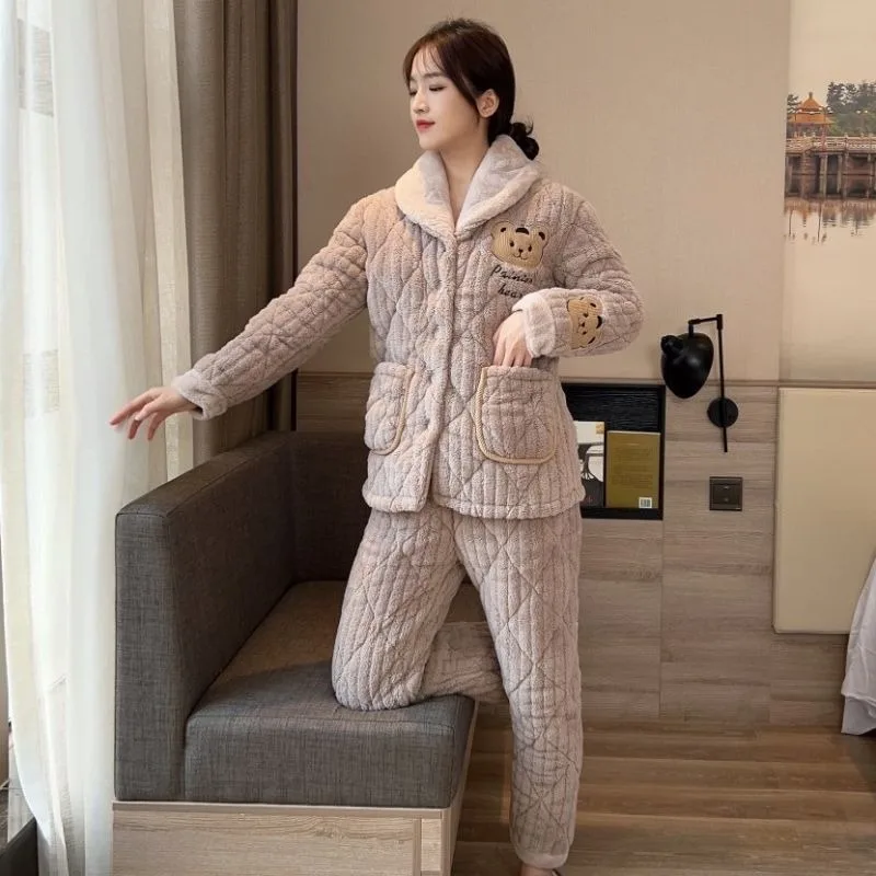 2023 New Three-layer Cotton Pajamas Women Winter Plus Velvet Thickening Can Wear Coral Velvet Flannel Suit Warm Home Clothes