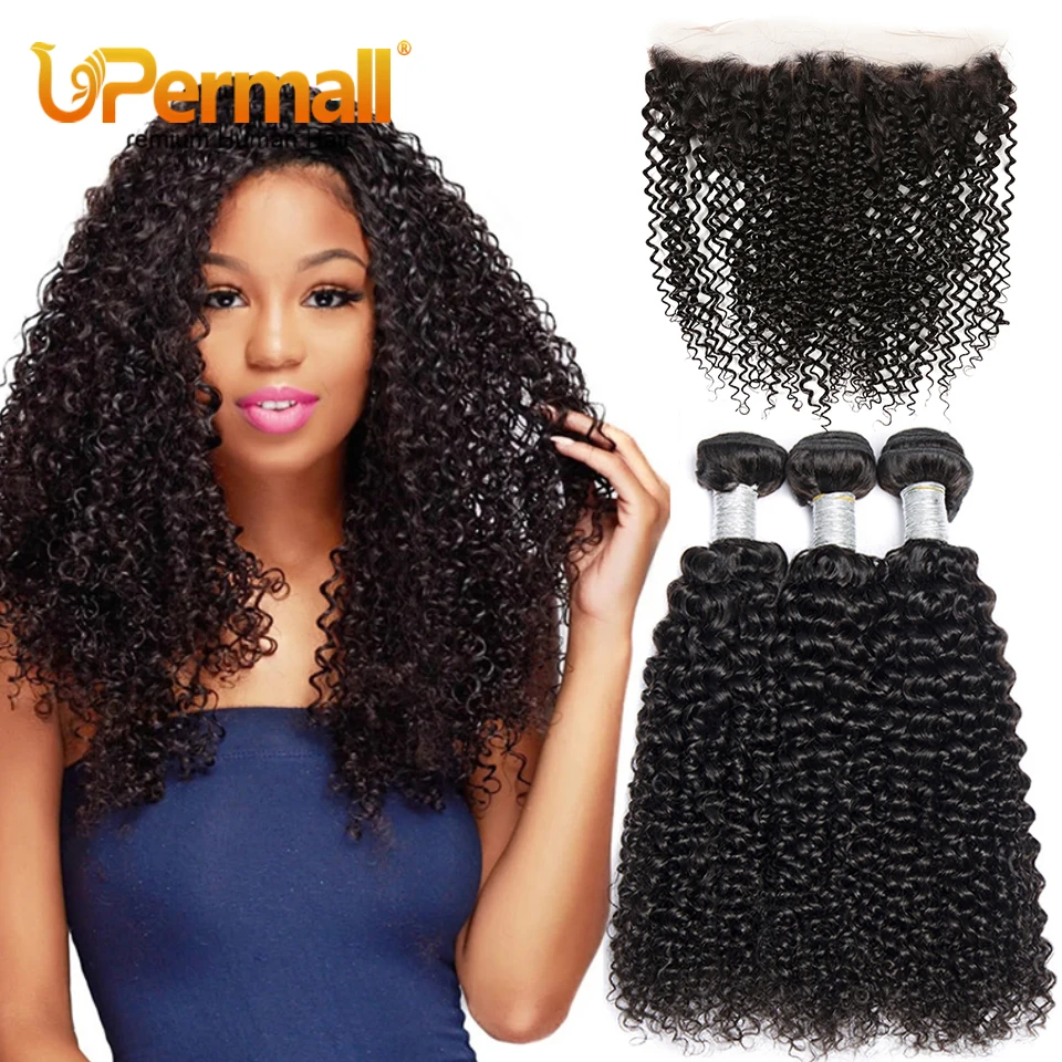 Upermall 2/3/4 Pacotes de Cabelo Humano Encaracolado Kinky Com Frontal Transparente 13x4 Brasileiro Jerry Curl Weave e 4x4 Lace Encerramento Soft