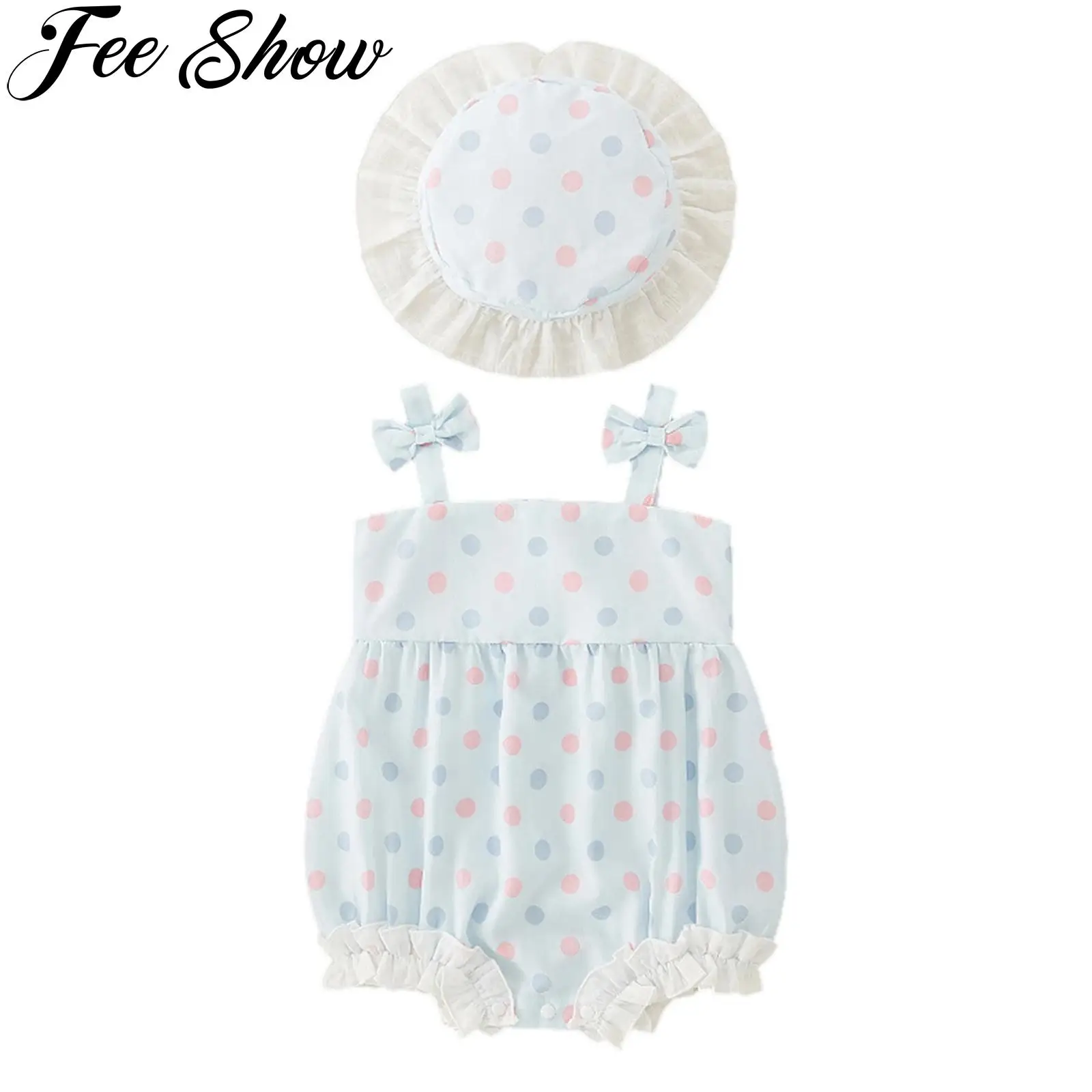 

Baby Girls Cute Print Summer Clothes Outfits Spaghetti Strap Sleeveless Bowknot Rompers And Hat Photo Shoot Holiday Casual Wear