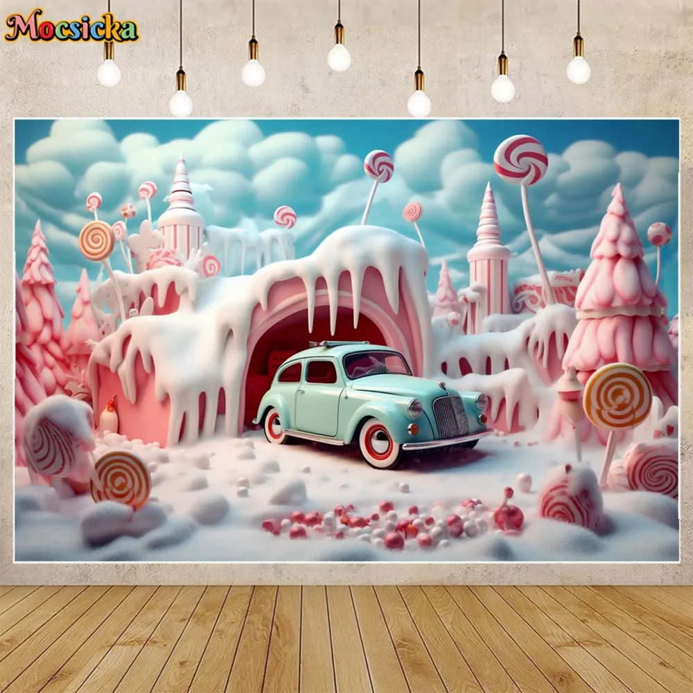 Mocsicka Pink Castle Candyland Backdrop Baby Kids Birthday Party Decor Winter Snow Photography Background Studio Photocall Props