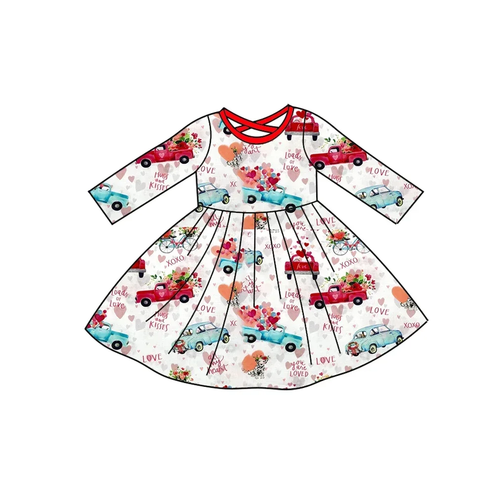 

Girl kid's dress Valentine's Day style Baby long-sleeved dress Car love fabric Sister clothing children clothes wholesale