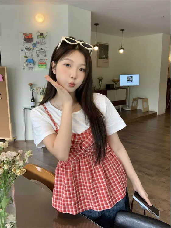 

plus Size Women's Summer Plaid Vest Short Sleeve Splice Design Slimming Fake Two-Piece Sweet Japanese Style Loose Fit Top
