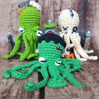 Amigurumi 판단 문어 빗자루와 선글라스 집 장식, 순수한 손 뜨게, 친구를 위한 할로윈 선물 