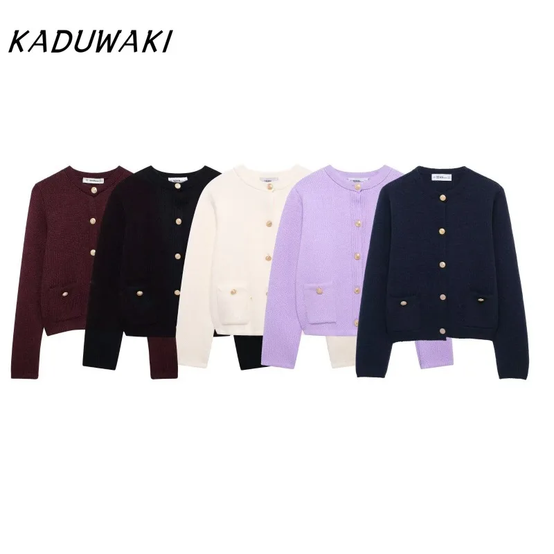 

KADUWAKI Y2k Autumn/winter Golden Button Decorated Long Sve O Neck Knitted Jaet Women's Chic Commute Sle Regular Length Cardigan