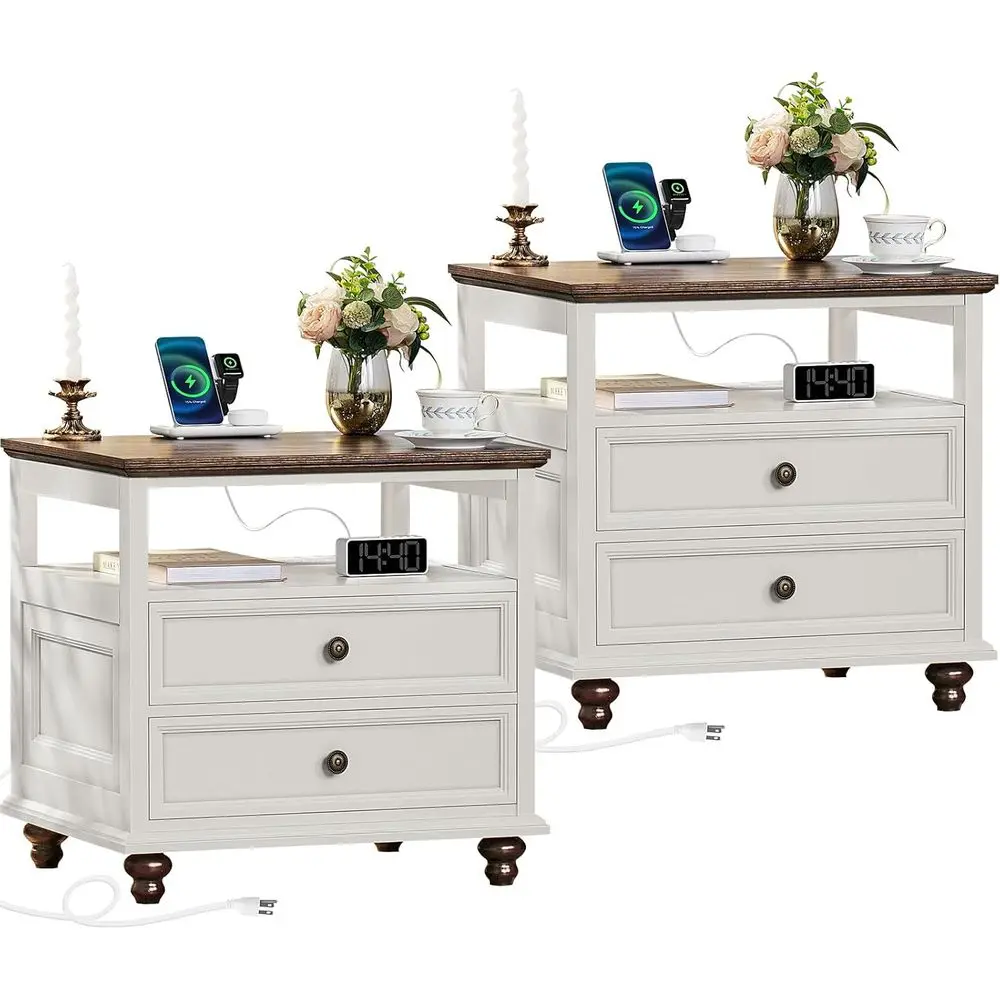 2-Piece Nightstand Set with Charging Station, 24 Wide End Table, Storage Drawers, Suitable for Bedroom or Living Room, White Woo