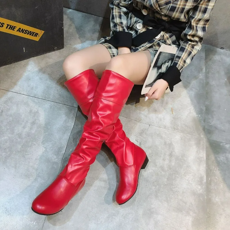 Women's Knee-high Boots 2025 Pleated Low Heel Casual Leather Female Boots Designer Heel High Red Leather Boots Plus Size 35-43 - Image 4
