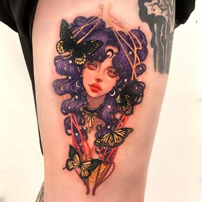 

Purple Haired Butterfly Goddess Temporary Tattoos Cartoon Waterproof Fake Tattoo Realistic Durable Body Art Tatoo Body Stickers