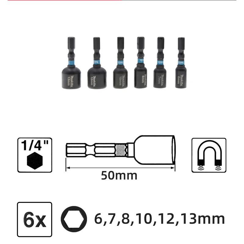 Makita E-18035 Black Impact Magnetic Socket 6X 1/4\