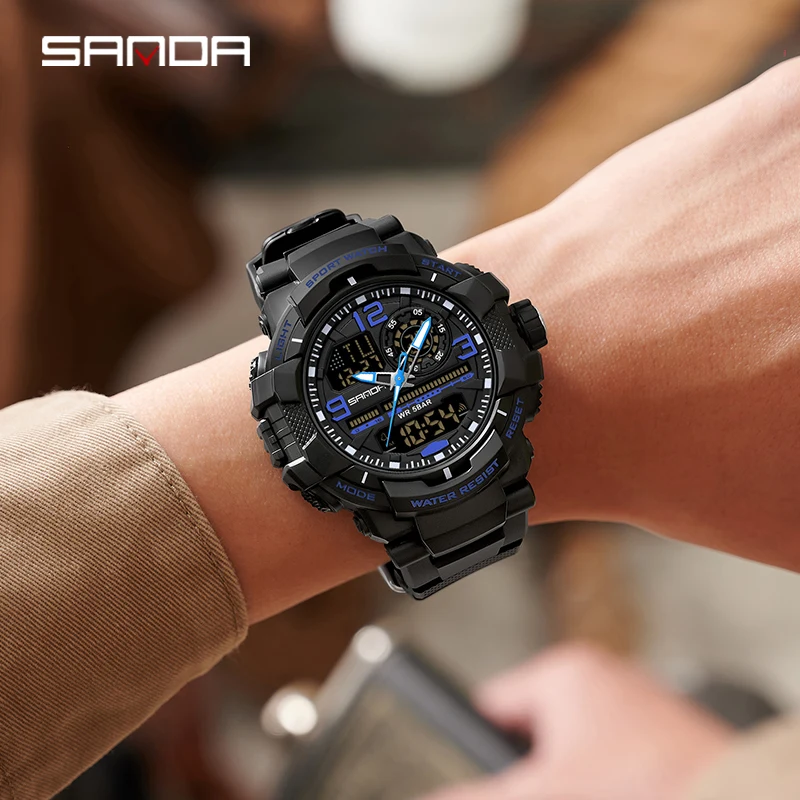 SANDA المزدوج عرض الرجال الساعات مقاوم للماء ساعة رياضية رجل عسكري إنذار ساعة توقيت كوارتز ساعة اليد الذكور ساعة رقمية