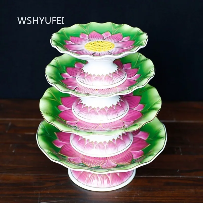 

Lotus Offering Plate High Footed Fruit Platter on The Ceramic Altar of The Buddhist Temple, A Guanyin Fruit Dish Is Offered