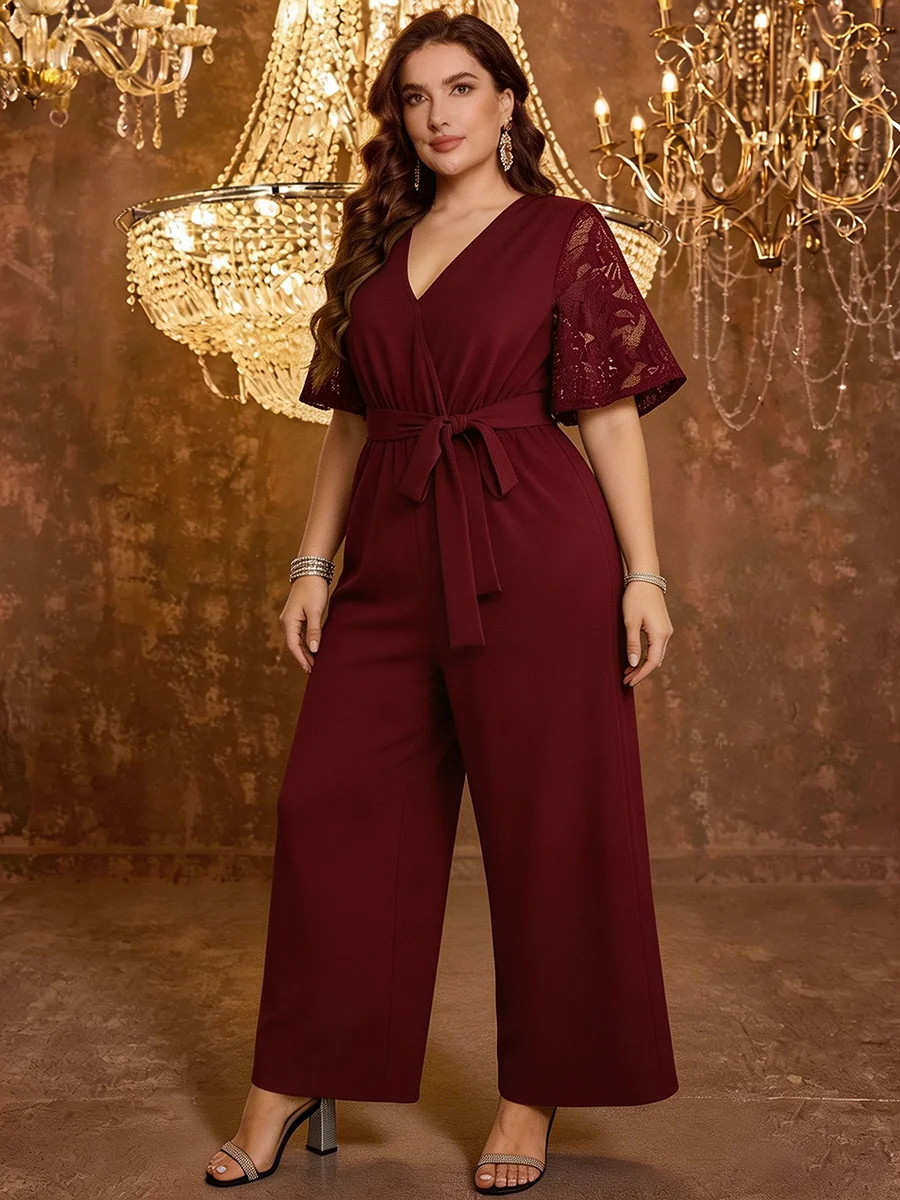 [Plus Size] V Neck Lace Wide Leg Belted Burgundy Jumpsuit, Slim for Party Night image 4