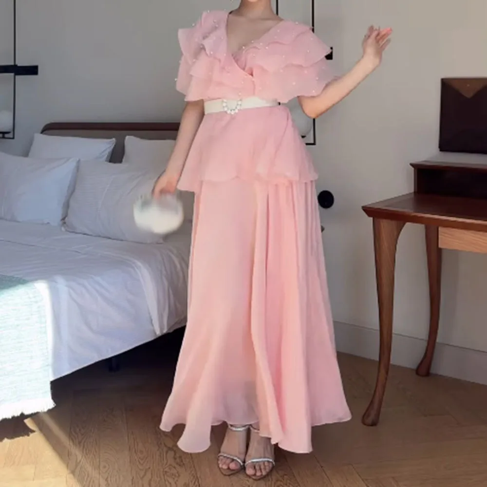 

Customized A-line Evening Dresses Ankle-length V-neck Sleeveless Prom Gown Fashion Beading Sashes Tiered Stole Draped Party Gown
