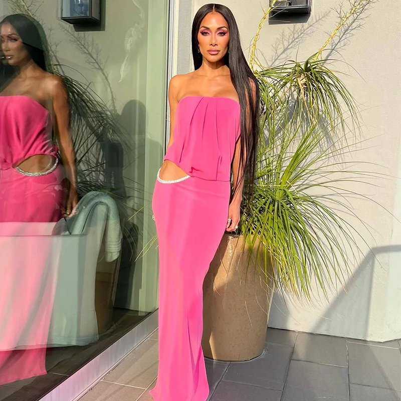 

European and American women's clothing autumn new sexy tube top halter hollow hot diamond long dress dress dress
