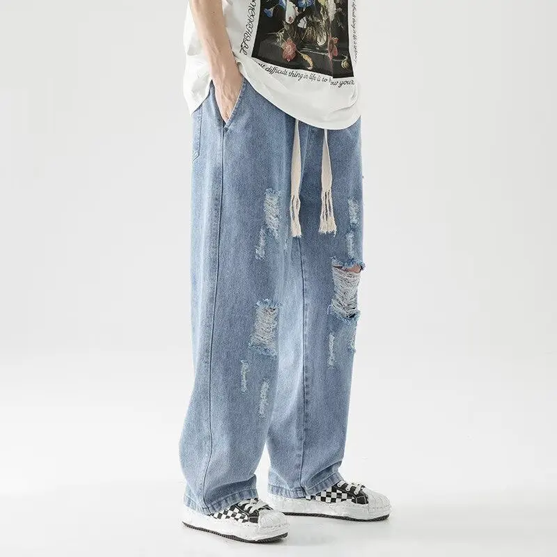 New Men Baggy Ripped Jeansripped Trousers Hip Hop New Mens Loose Jeans Neutral Pants Solid Color Women Oversized  Straight Jeans