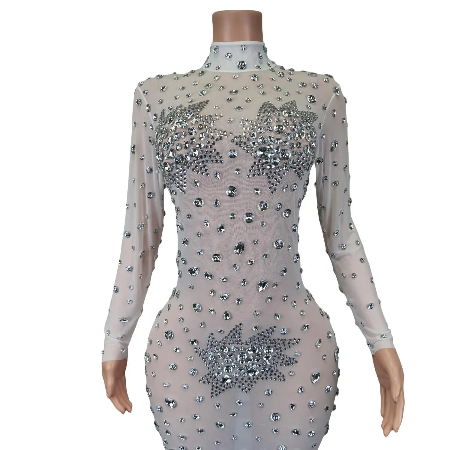 Strass bianchi scintillanti Guaina sexy in rete trasparente Mini abito da sera per feste Performance Costume Bar Nightclub Cantante Stage Wear