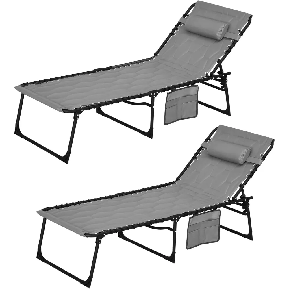 

Folding Chaise Lounge Set of 2 with 5-Level Reclining Back, Outdoor Lounge Tanning Chair with Padded Seat, Side Pocket & Headre