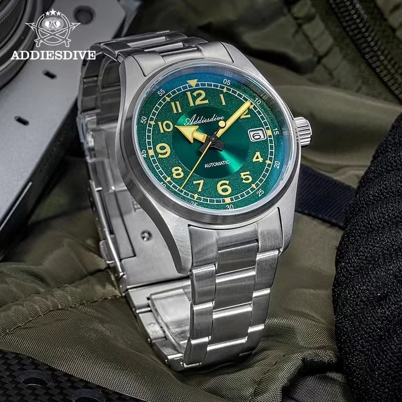 ADDIESDIVE Luxury Business Men Automatic Mechanical Watch Sapphire Glass 316 Stainless Steel NH35 Movement Green dial Watch 39mm