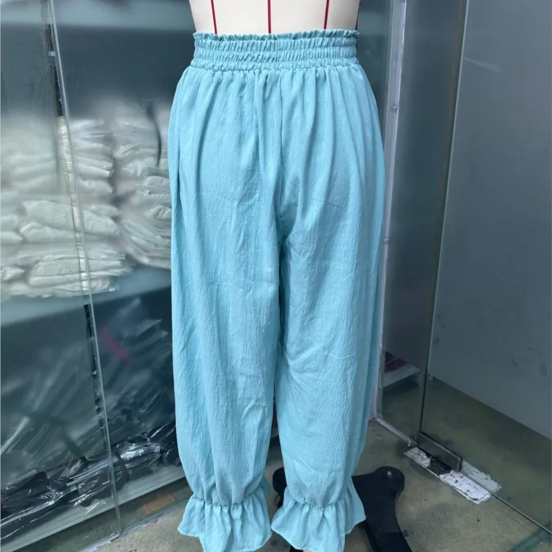 New Women Summer Casual Lantern Pants Fashion Falbala Ruffle Hem Elastic Waist Cotton Linen Blend Loose Fit Ladies Trousers