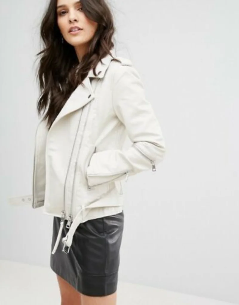 White Leather Jacket Women Slim Fit Biker Motorcycle Lambskin Leather Coat Genuine Leather Jacket