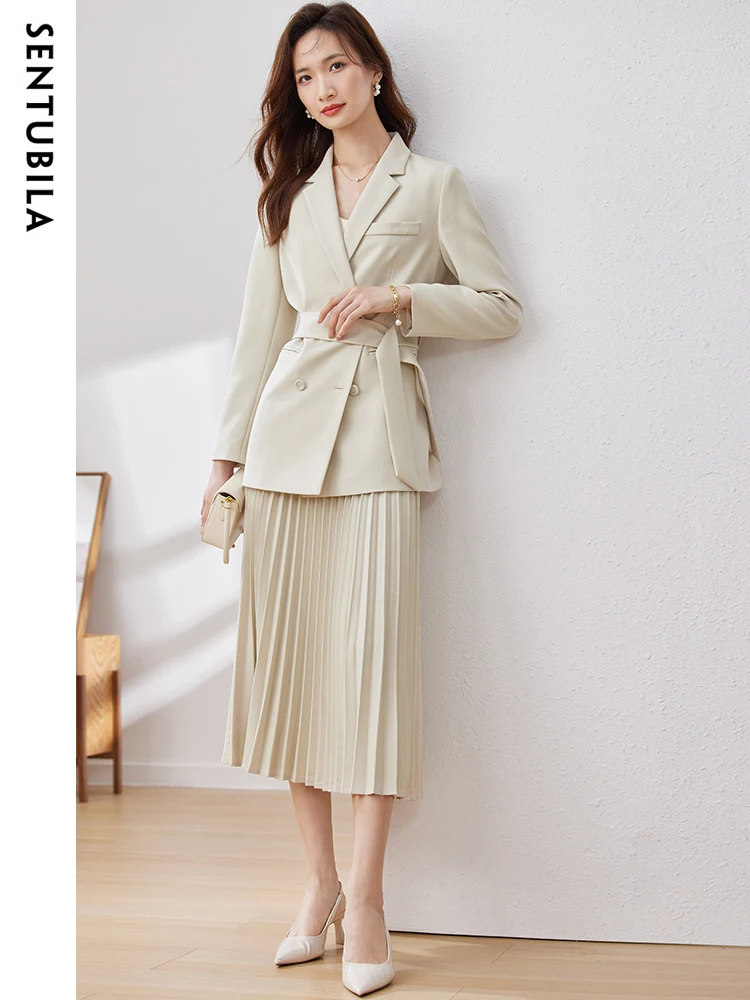 SENTUBILA Blazer and Skirt Set Women 2 Pieces Elegant Outfits Belted Suit Jacket Elastic Pleated Skirts Matching Set 133Z49061