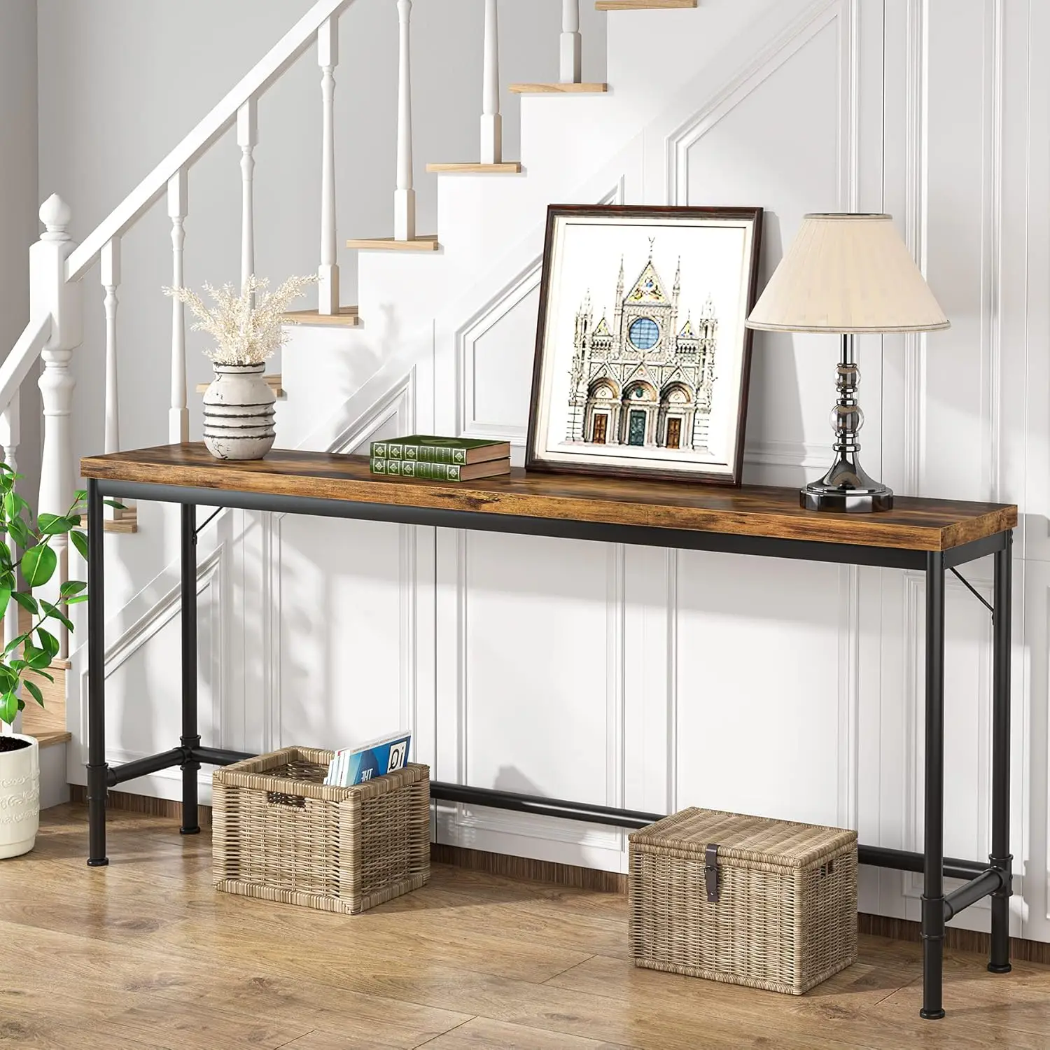 70.9 Inch Extra Long Console Table, Narrow Sofa Table Behind Couch, Rustic Entryway Hallway Industrial Bar Table for Living Room view 5