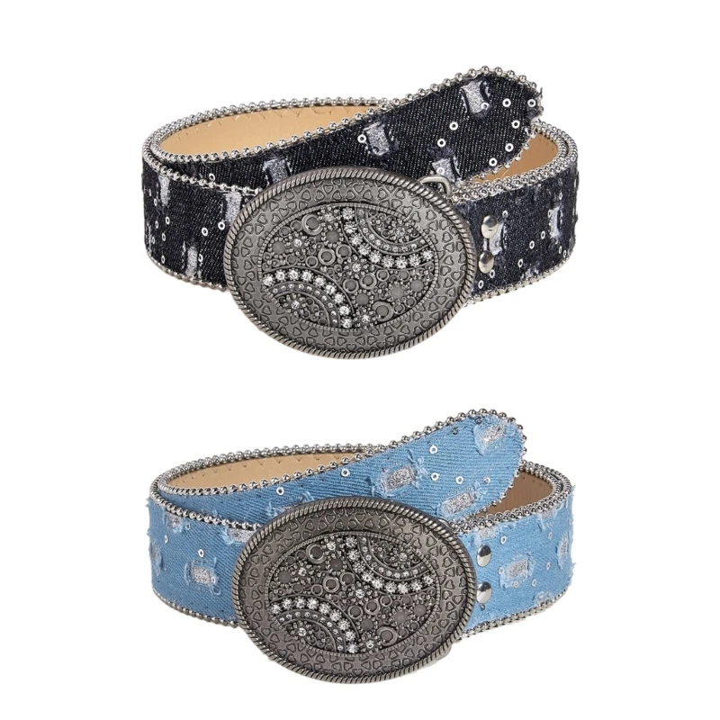 Rhinestones Carving Buckle Waist Belt Studded Casual Wear Distressed Belt