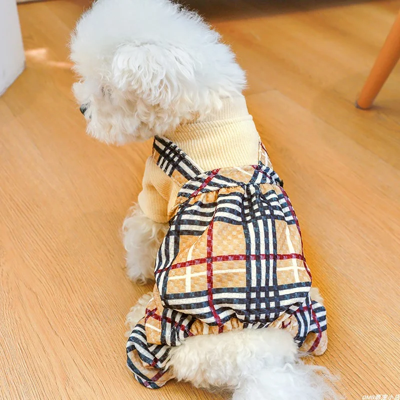 1PC pet clothing, cat spring and autumn toffee coffee plaid patchwork four legged pants suitable for small and medium-sized dogs