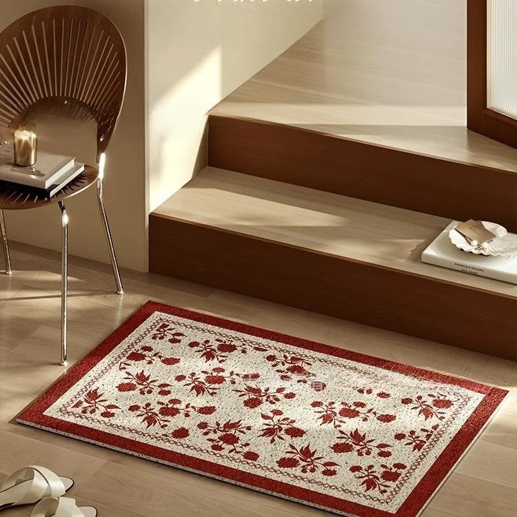 

Red Festive Silk Circle Door Mat Entrance Decor Anti Slip Dirt Resistant Home Entrance Mat Japanese Style Square PVC Material