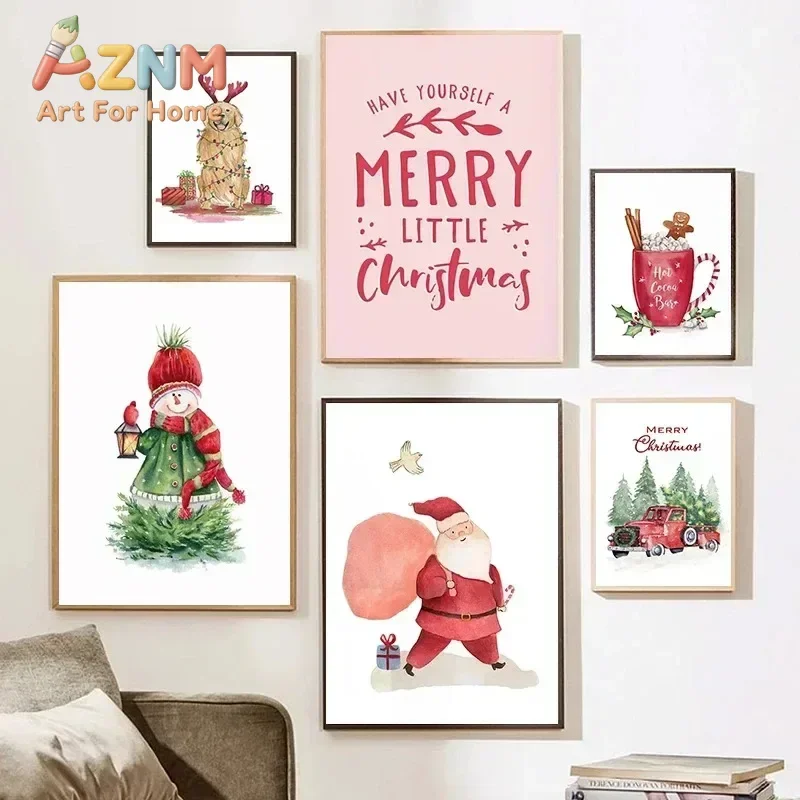 AZNM Watercolor Pink Christmas Canvas Wall Art, Santa Snowman Reindeer Dog Hot Cocoa Xmas Truck Print, Merry Christmas Quote Pos